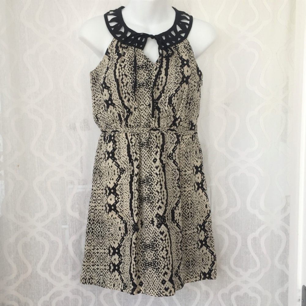Ann Taylor LOFT Tan Black Linen High Neck Dress